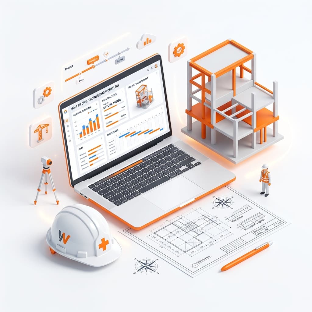 Isometric illustration of a building under construction with engineering drawings